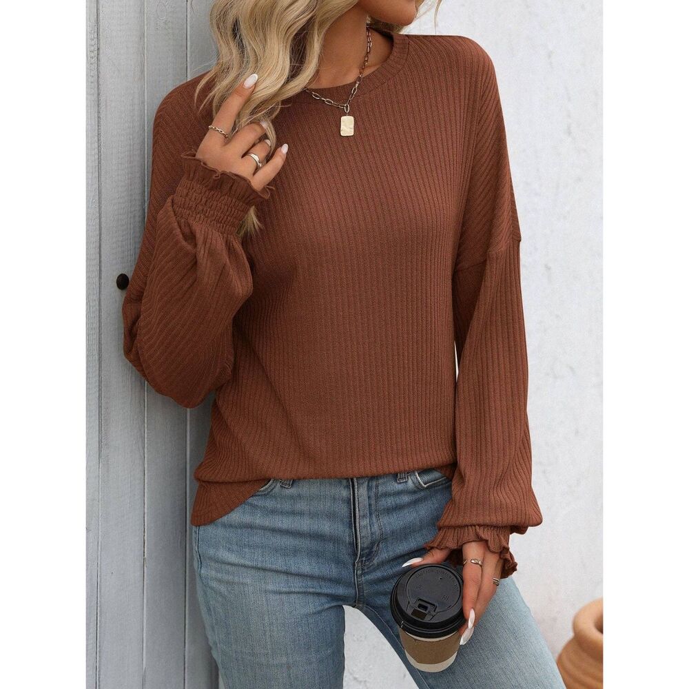 Women’s Lightweight Ribbed Pullover Top Rust - Picture 2 of 4